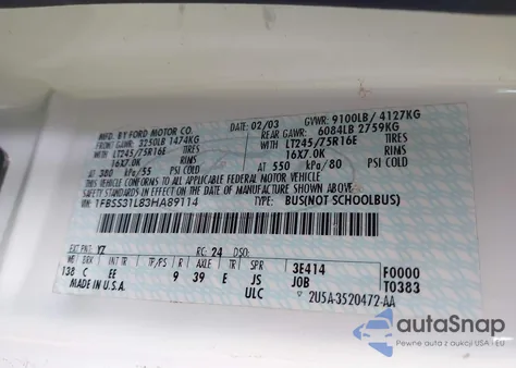 2003 Ford E-350 Super Duty Xl/Xlt z USA, uszkodzony, nr VIN 1FBSS31L83HA89114